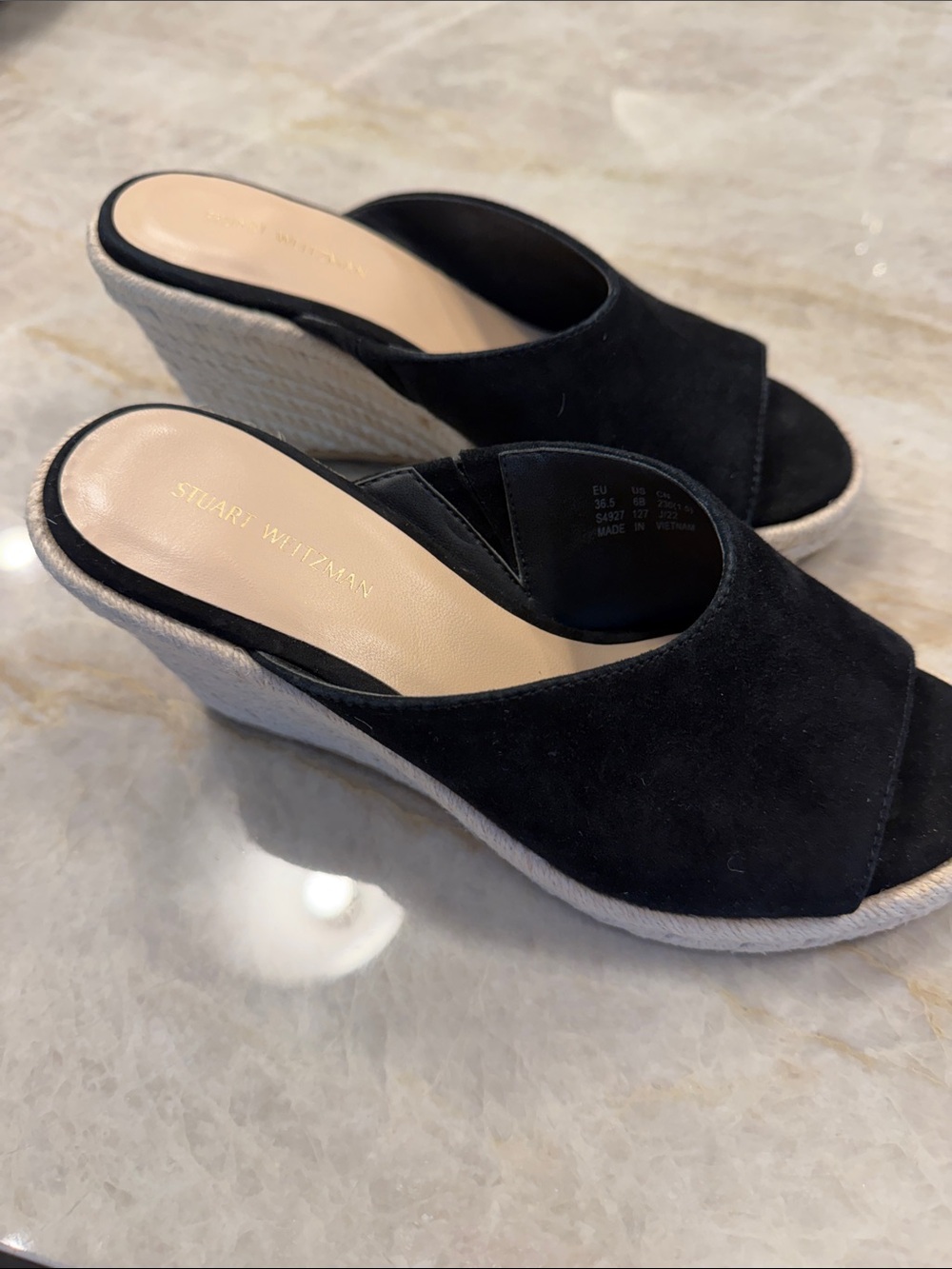 Stuart Weitzman Black Suede Espadrille Wedge Mule